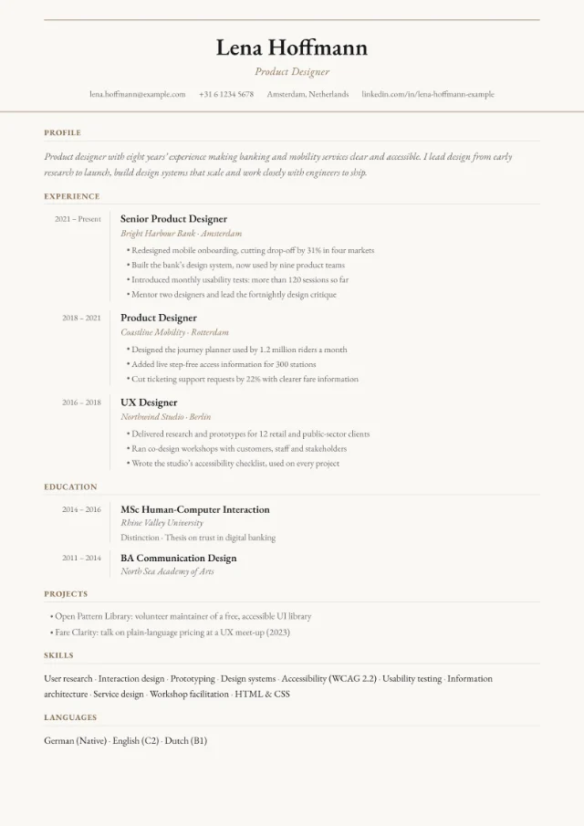 Preview of the Academic CV template in the Linen colour scheme, filled with a fictional sample CV: double rules around a centred serif header, a dates column for experience and education, and inline skills and languages in one column.