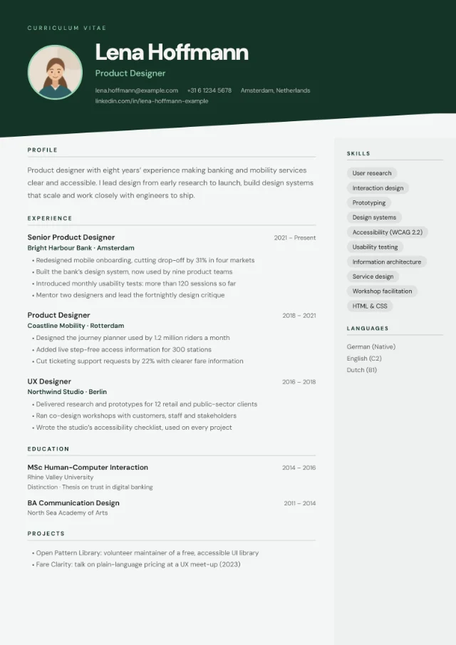 Preview of the Badge Style CV template in the Forest colour scheme, filled with a fictional sample CV: a dark green banner with a slanted lower edge and a round photo beside the name, above a light body with a tinted side column.