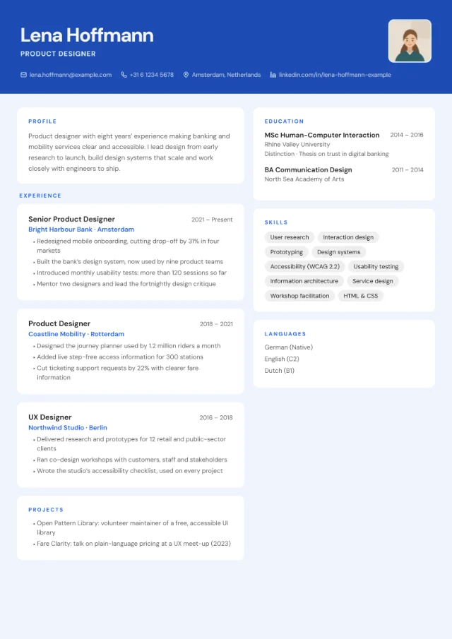 Preview of the Card Layout CV template in the Frost colour scheme, filled with a fictional sample CV: a blue header with a rounded-square photo and every section in its own white rounded card on a tinted page.