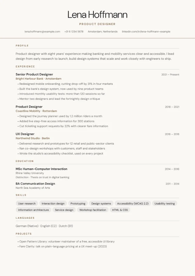 Preview of the Centred Header CV template in the Linen colour scheme, filled with a fictional sample CV: a centred name, job title and contact row above one full-width column, with skill tags and languages near the end on a warm off-white page.