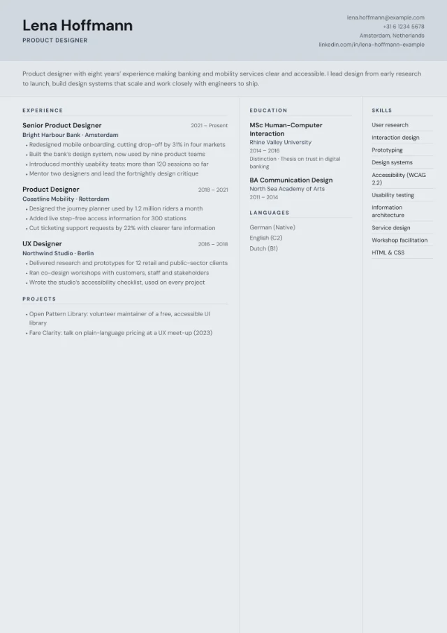 Preview of the Compact Dense CV template in the Slate colour scheme, filled with a fictional sample CV: a grey header band with contact details and a three-column body for experience, education and skills in small type.