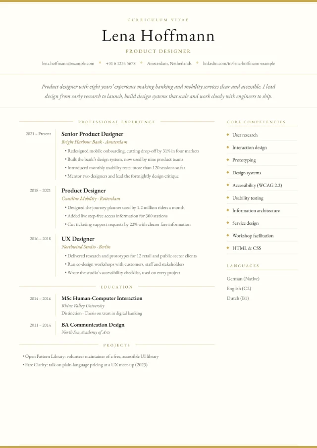 Preview of the Executive CV template in the Ivory colour scheme, filled with a fictional sample CV: Garamond serif type, a centred masthead with gold separators, ruled section headings, a dates column and a core competencies list on the right.