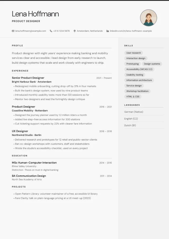 Preview of the Minimal Clean CV template in the Snow colour scheme, filled with a fictional sample CV: a thin dark line along the top edge, light type, a round photo at the top right and skills and languages in a quiet grey side column.