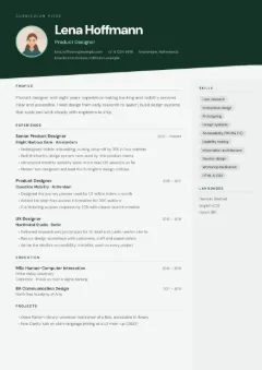 Badge Style CV template with photo, in the Forest colour scheme