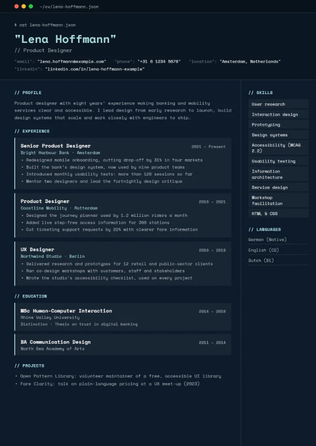 Preview of the Tech Terminal CV template in the Midnight colour scheme, filled with a fictional sample CV: a dark terminal window with a title bar, monospace type, code-style contact details and each role shown as a code block.
