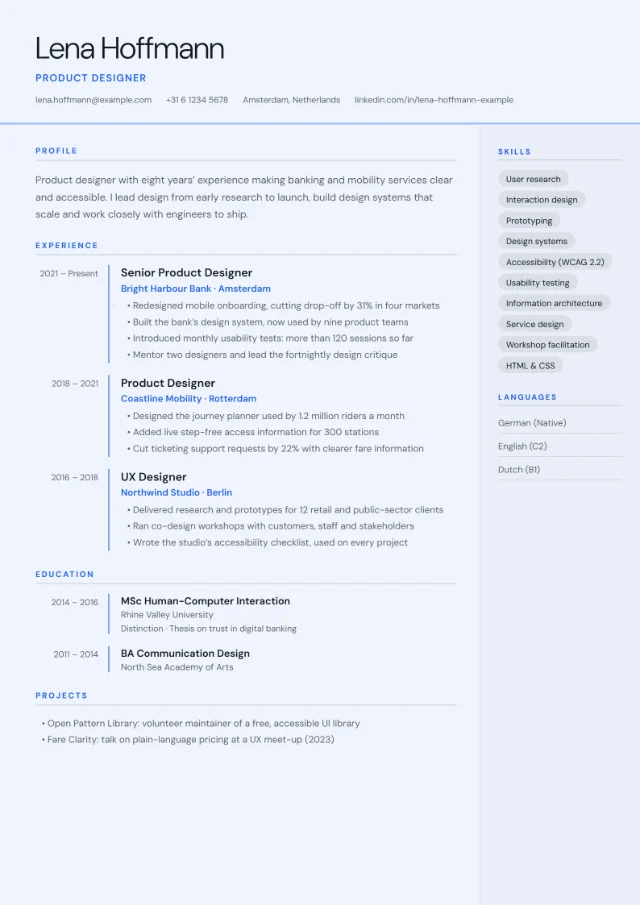 Fictional example CV in the Timeline layout: four achievement bullets for the current role and three for each of two earlier roles, with dates in a column on the left.