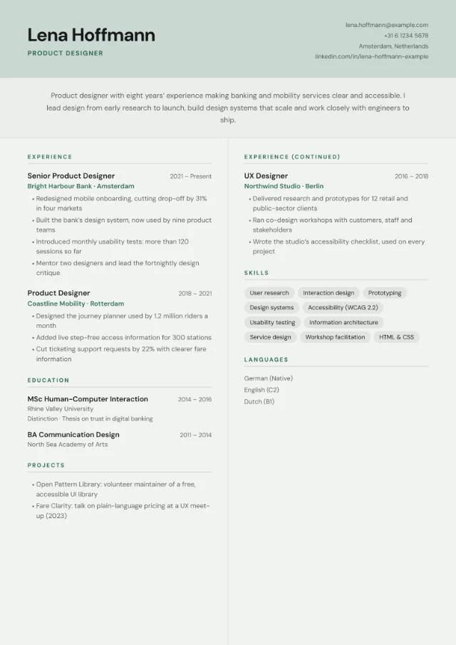 Preview of the Two Column CV template in the Sage colour scheme, filled with a fictional sample CV: a sage-green header band with contact details on the right, a centred profile strip and experience flowing across two equal columns.